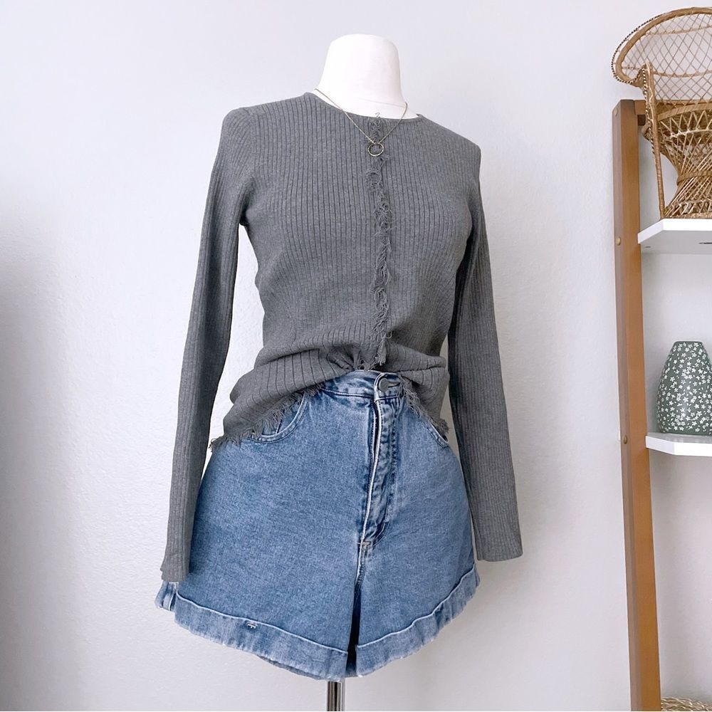 Ribbed Grey Fringe Pullover Sweater
